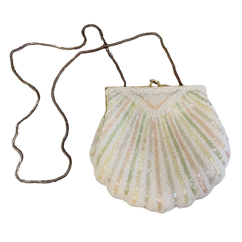 Antique Vintage 1950s Pearl Beaded Seashell Fancy Gold Chain Clutch Purse - Picture 8 of 11